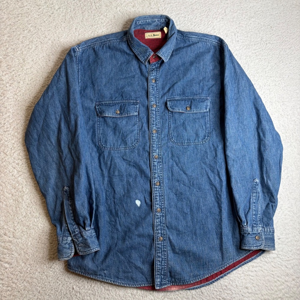 90s LL Bean Flannel Lined Denim Shirt Mens Large Tall Blue Cotton Workwear 15010
